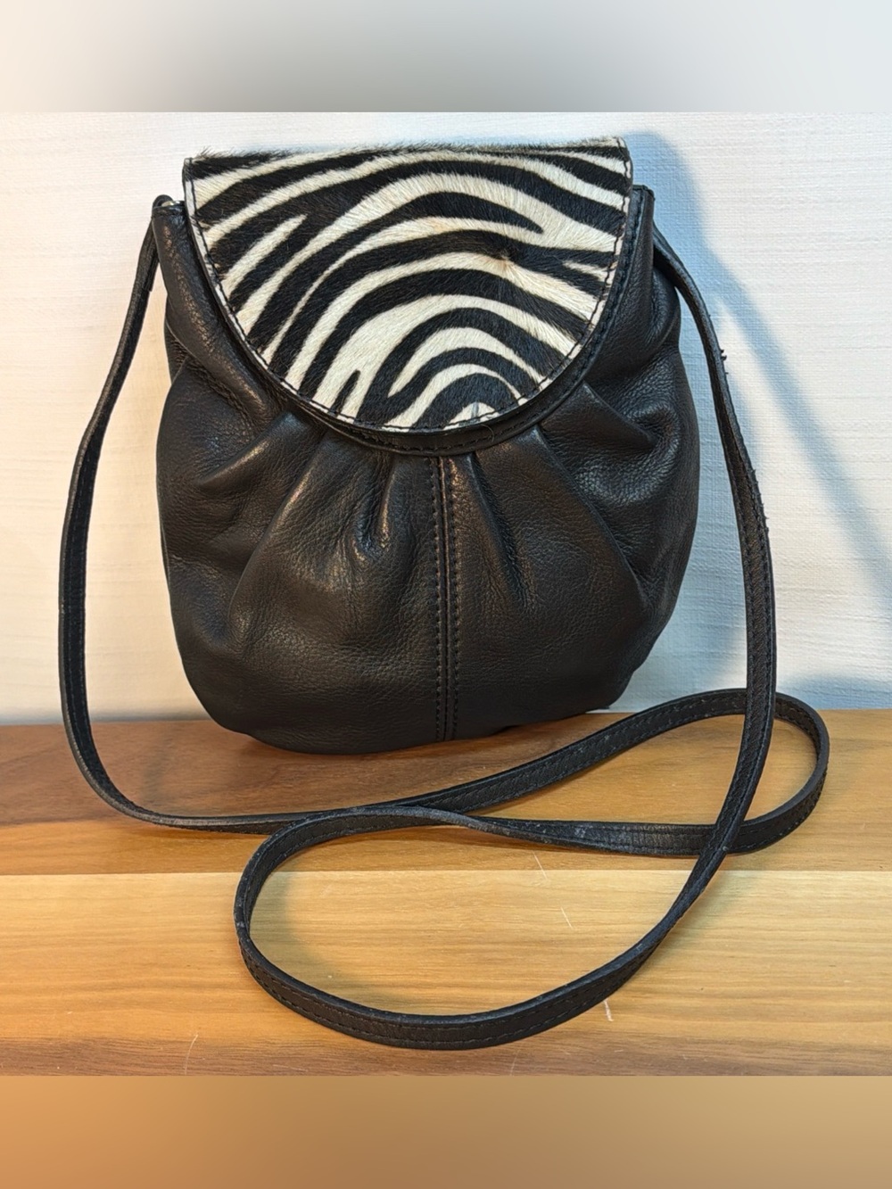 VTG Maurizio Taiuti Black Leather Zebra Print Fur Crossbody Bag Made In Italy
